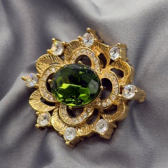 Vintage Napier Gold Tone Brooch Edwardian Revival Green & Clear Stones - Picture 3 of 10
